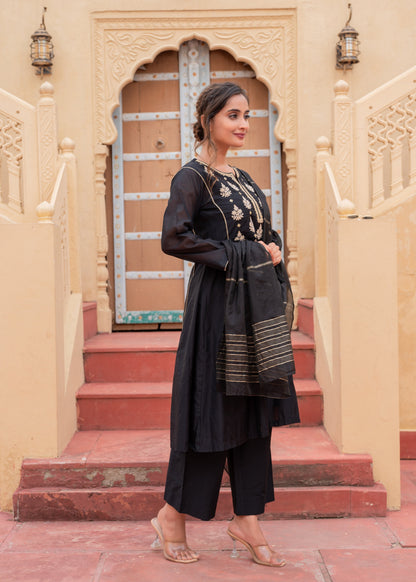 Juniper Man Made Fiber Black Embroidered Kurta Pant And Dupatta Set With Zari Work And Sequin