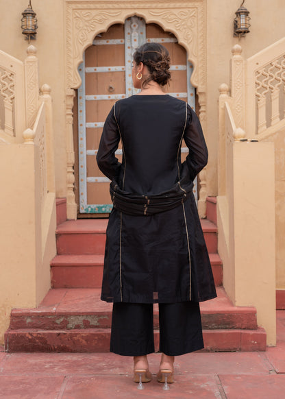 Juniper Man Made Fiber Black Embroidered Kurta Pant And Dupatta Set With Zari Work And Sequin