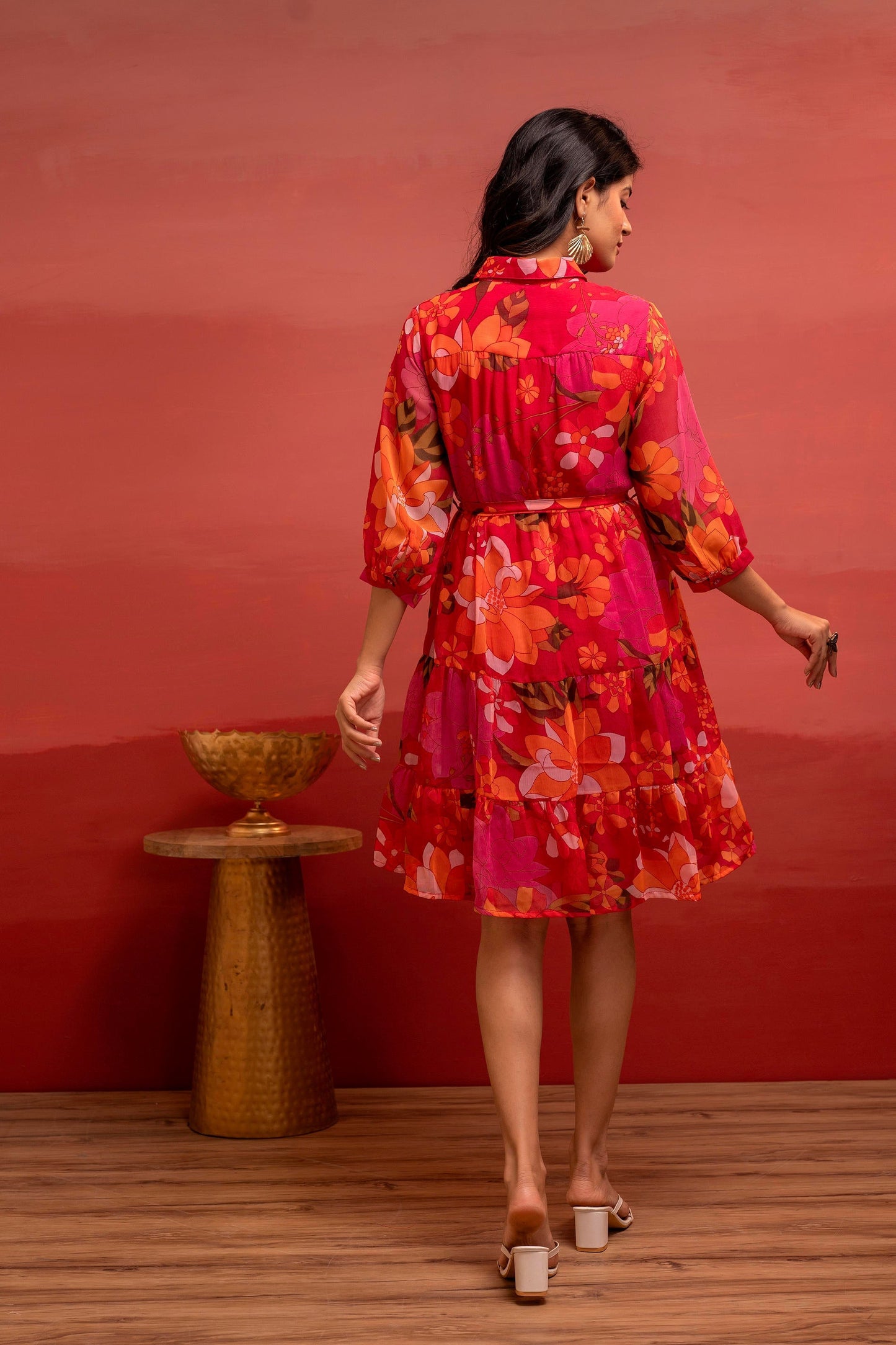 Juniper Man Made Fiber Fuchsia Floral Printed Short Dress With Belt