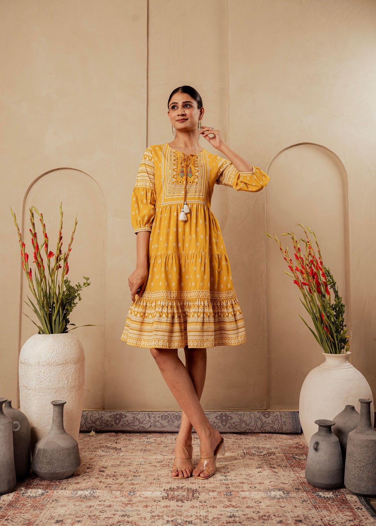 Juniper Mustard Ethnic Motifs Viscose Tiered Short Dress With Beads, Sequence, Dori
