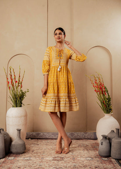 Juniper Mustard Ethnic Motifs Viscose Tiered Short Dress With Beads, Sequence, Dori
