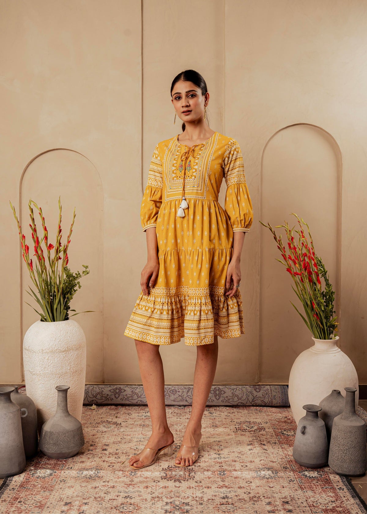 Juniper Mustard Ethnic Motifs Viscose Tiered Short Dress With Beads, Sequence, Dori