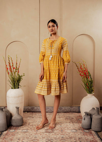 Juniper Mustard Ethnic Motifs Viscose Tiered Short Dress With Beads, Sequence, Dori