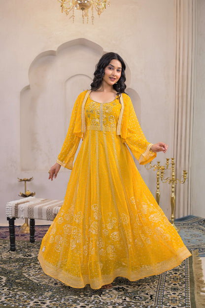 Juniper Mustard Ethnic Motifs Printed Man Made Fiber Tiered Long Dress
