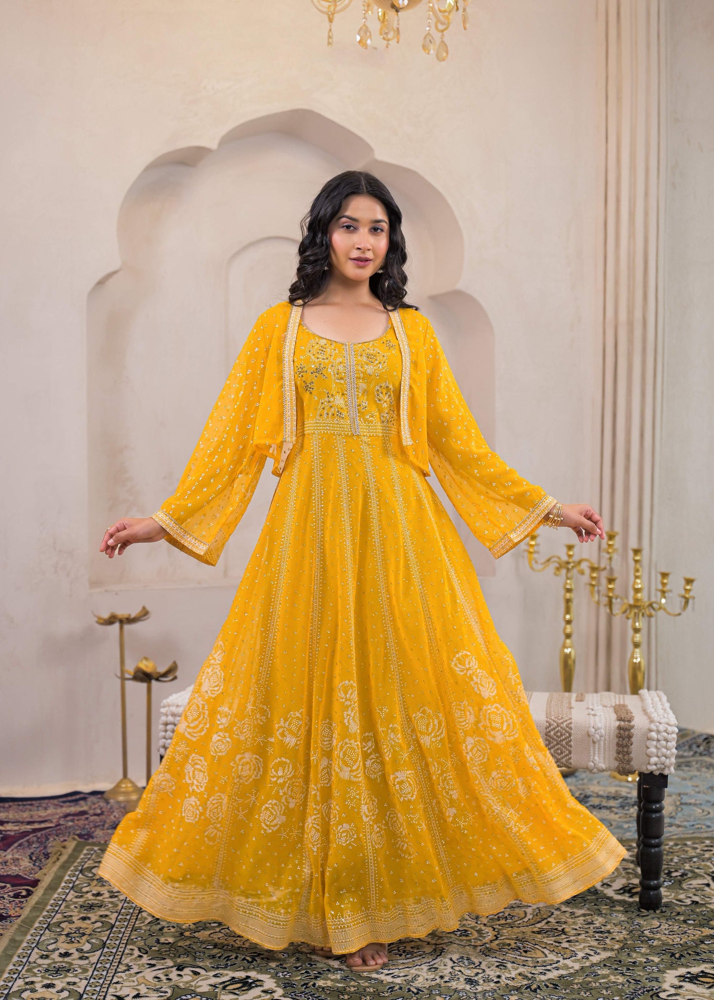 Juniper Mustard Ethnic Motifs Printed Man Made Fiber Tiered Long Dress