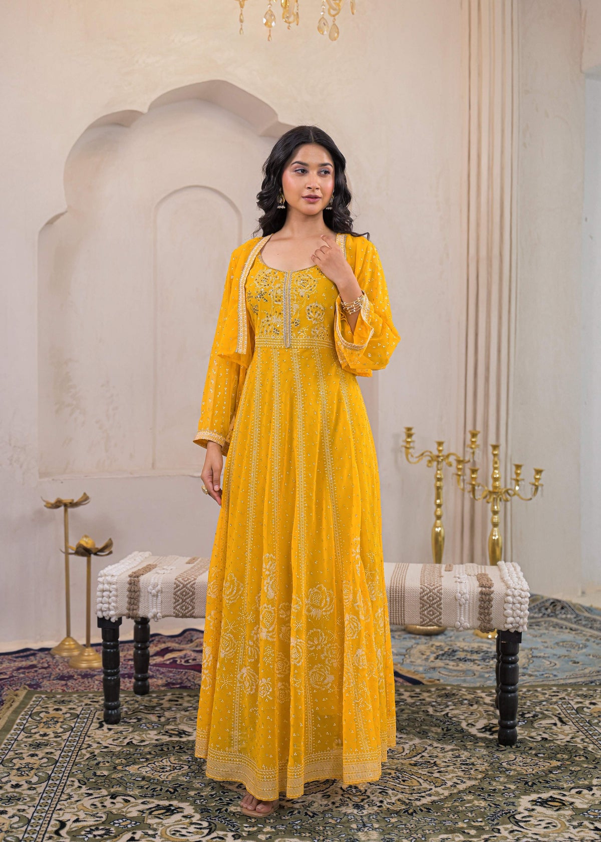 Juniper Mustard Ethnic Motifs Printed Man Made Fiber Tiered Long Dress