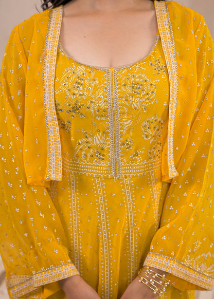 Juniper Mustard Ethnic Motifs Printed Man Made Fiber Tiered Long Dress