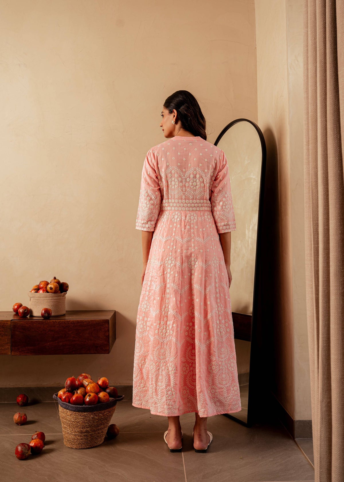 Juniper Peach Solid Panelled Long Dress With Thread Work