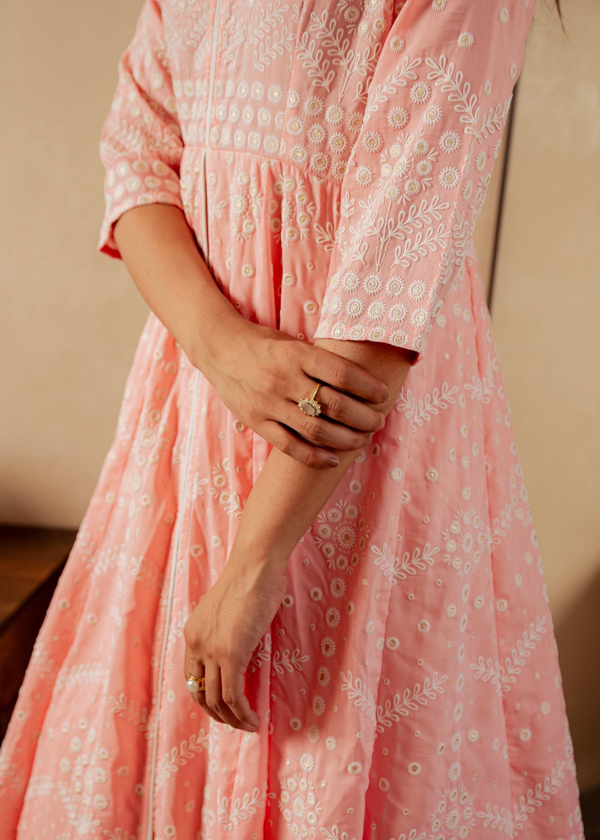 Juniper Peach Solid Panelled Long Dress With Thread Work