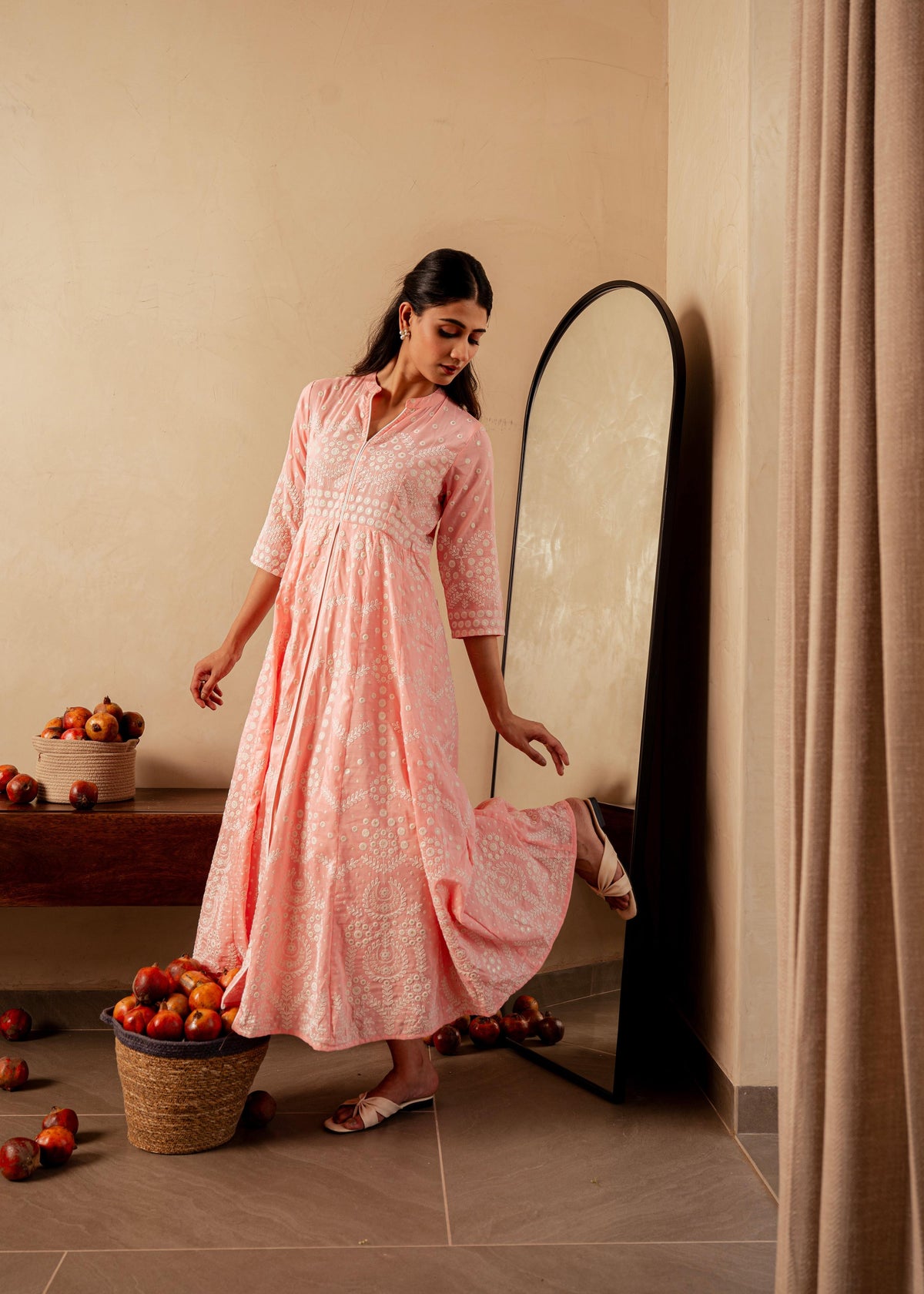 Juniper Peach Solid Panelled Long Dress With Thread Work