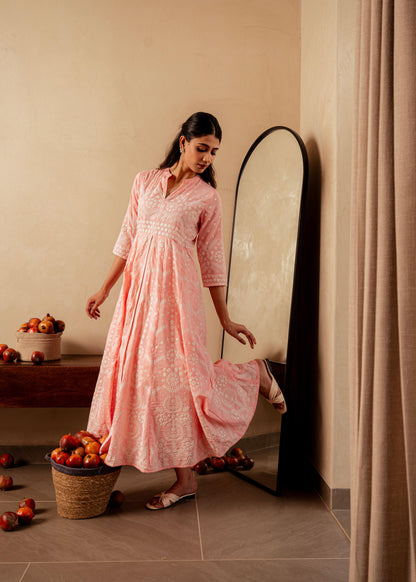 Juniper Peach Solid Panelled Long Dress With Thread Work