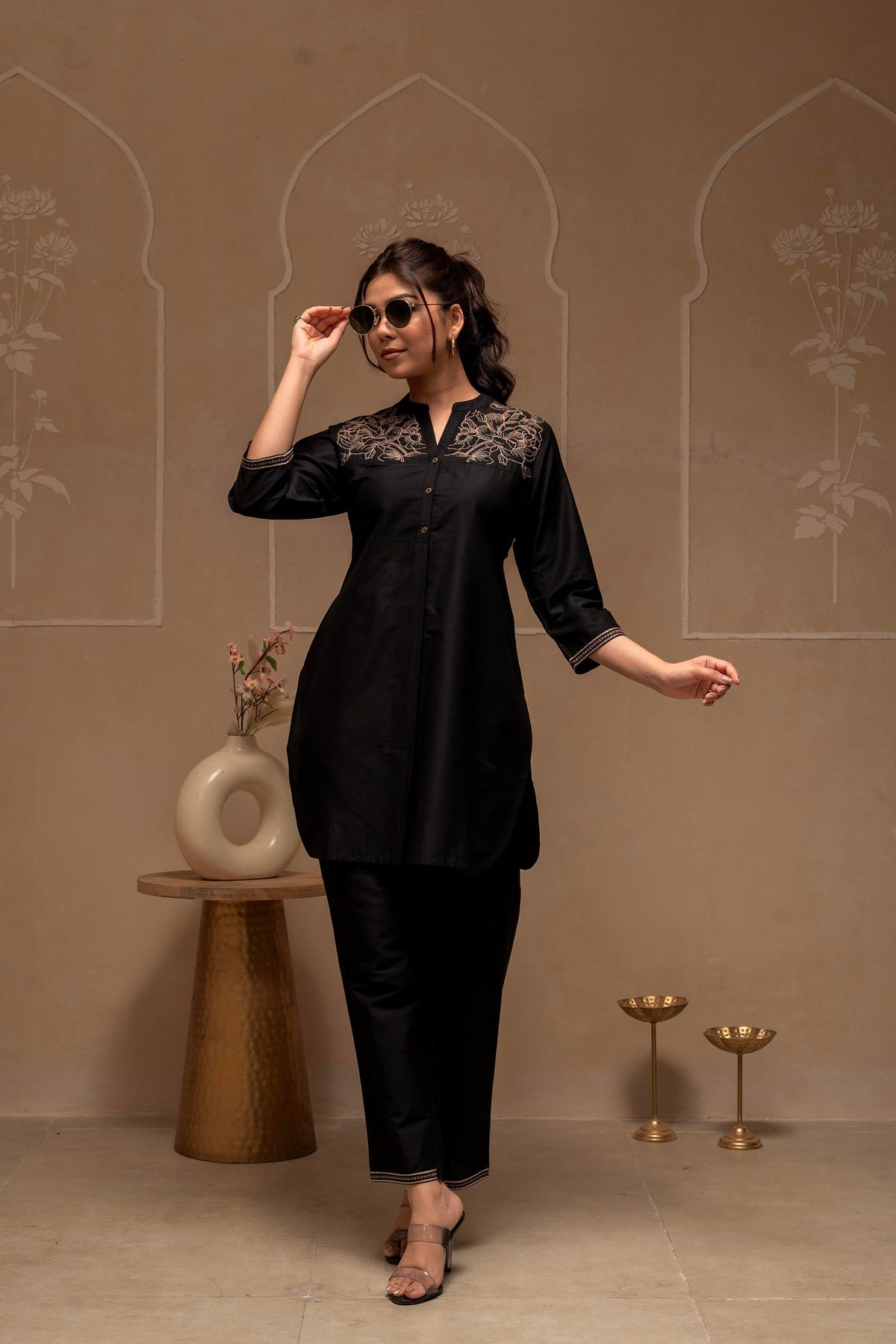 Juniper Black Solid Viscose Tunic And Pants Co-Ord Set With Thread Work And Button Detailing