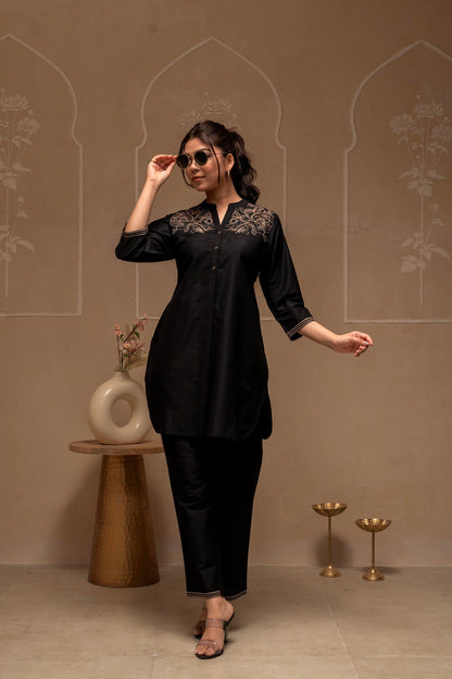 Juniper Black Solid Viscose Tunic And Pants Co-Ord Set With Thread Work And Button Detailing