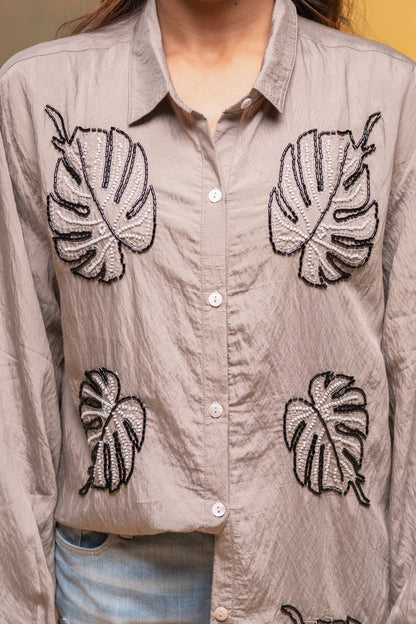 Juniper Grey Solid Viscose Shirt With Beads Work