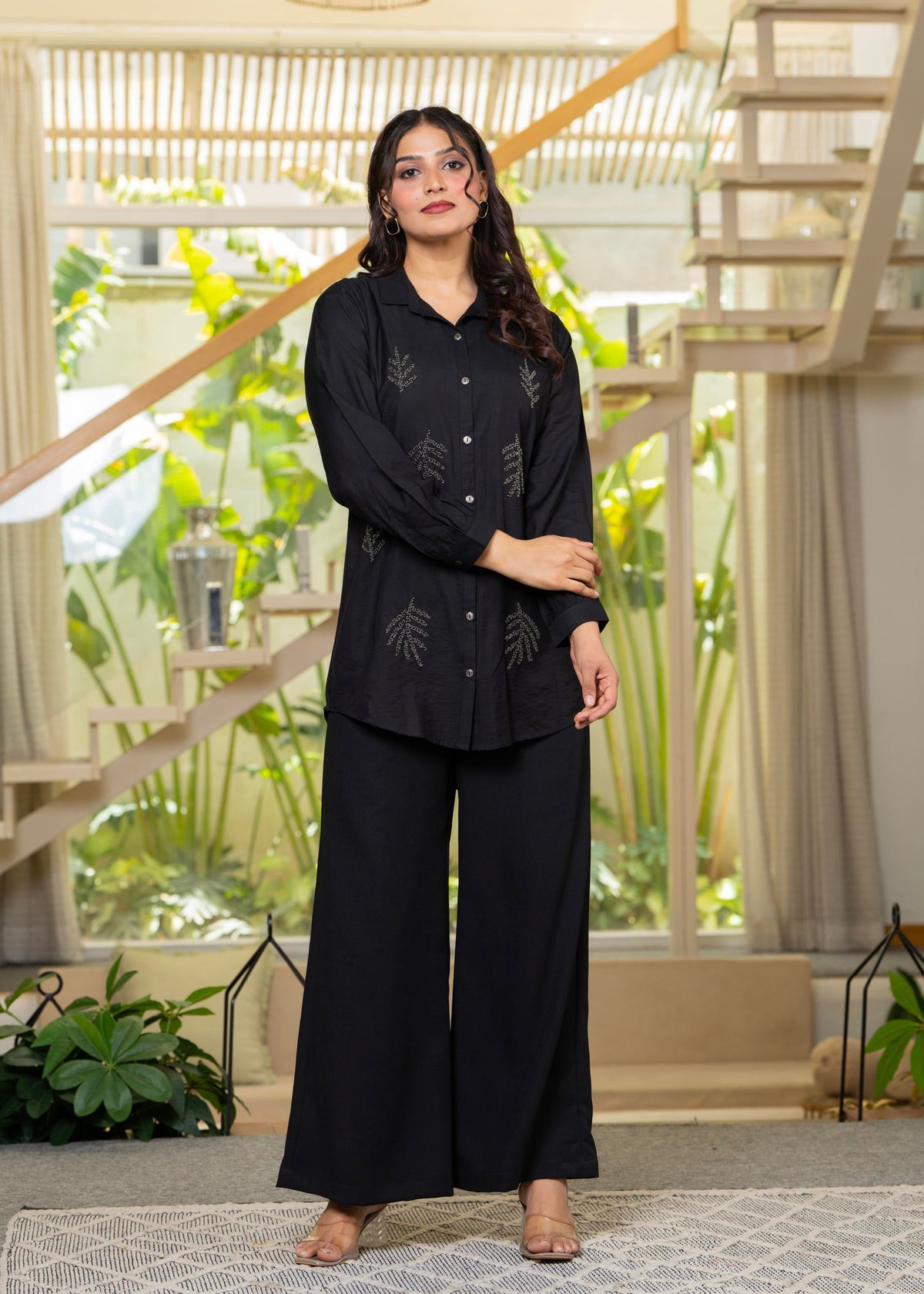 Juniper Black Solid Viscose Shirt With Beads Work