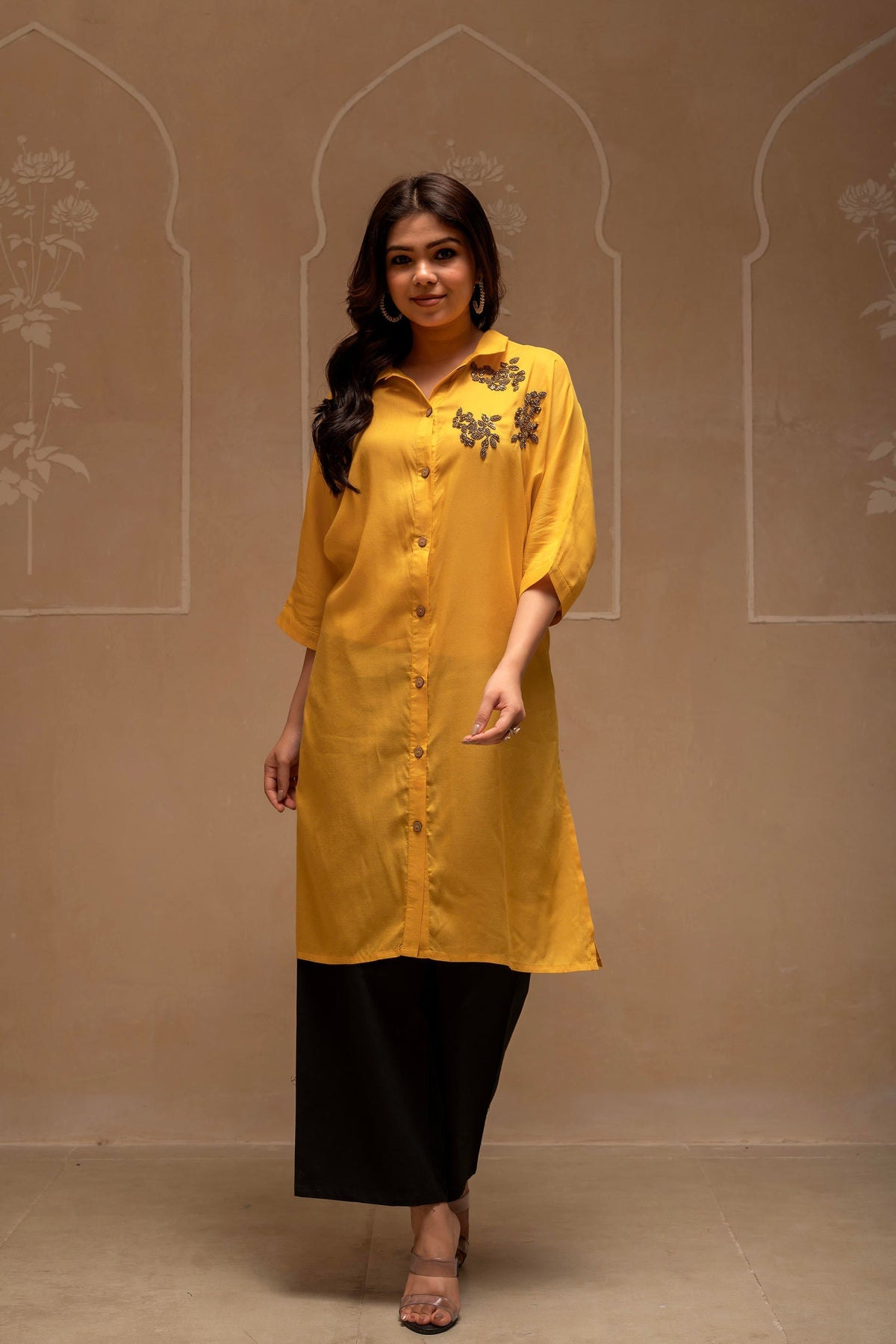 Juniper Mustard Solid Viscose Shirt With Beads Work