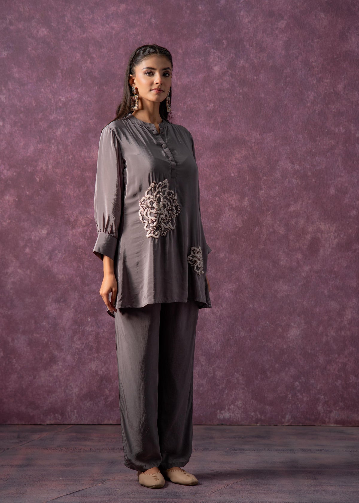 Juniper Viscose Grey Embellished Tunic And Pant Co-Ord Set With Bead Details