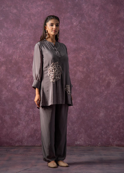 Juniper Viscose Grey Embellished Tunic And Pant Co-Ord Set With Bead Details