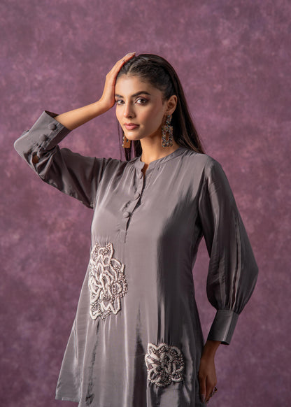 Juniper Viscose Grey Embellished Tunic And Pant Co-Ord Set With Bead Details