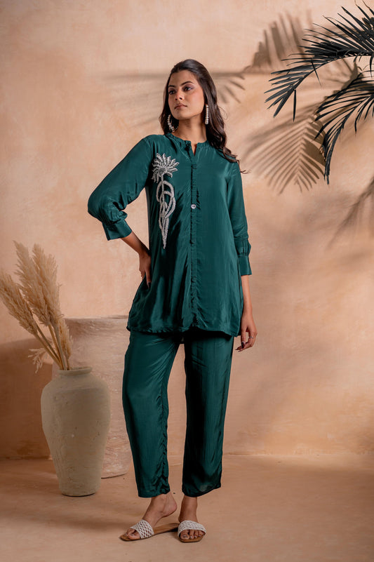 Juniper Bottle Green Embellished Viscose Co-Ord Set With Bead Detailing