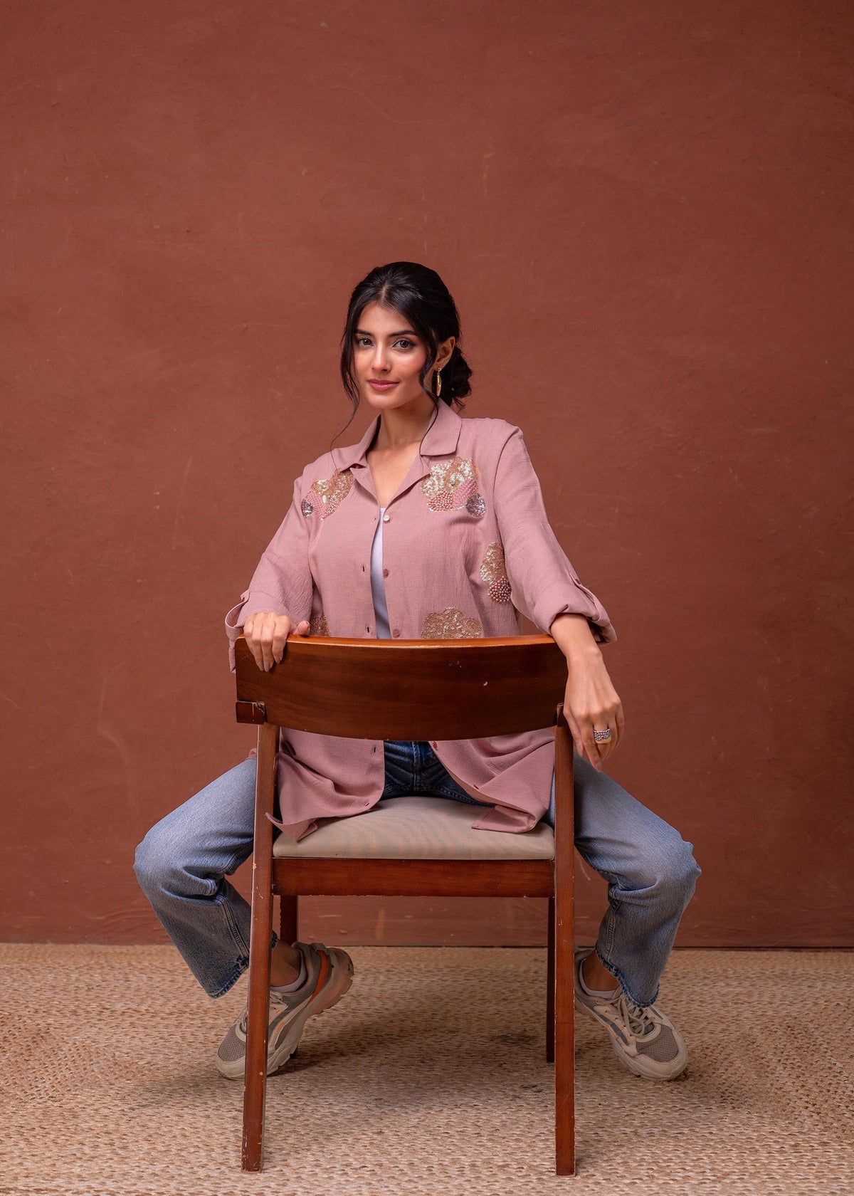 Juniper Viscose Linen Dusty Pink Embellished Shirt With Sequin & Bead Details