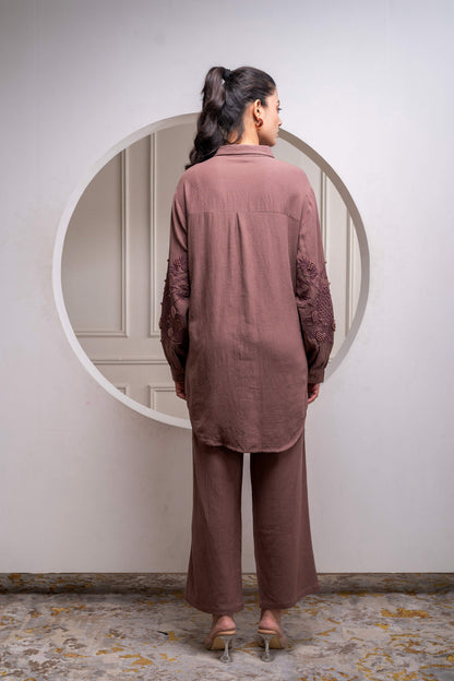 Juniper Brown Embellished Viscose Co-Ord Set With Bead Details