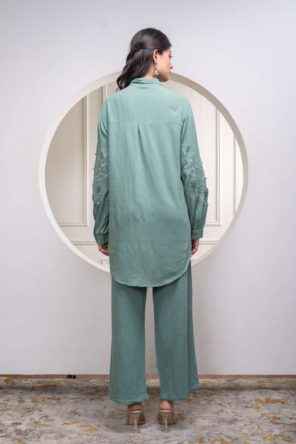 Juniper Sage Green Embellished Viscose Co-Ord Set With Bead Details