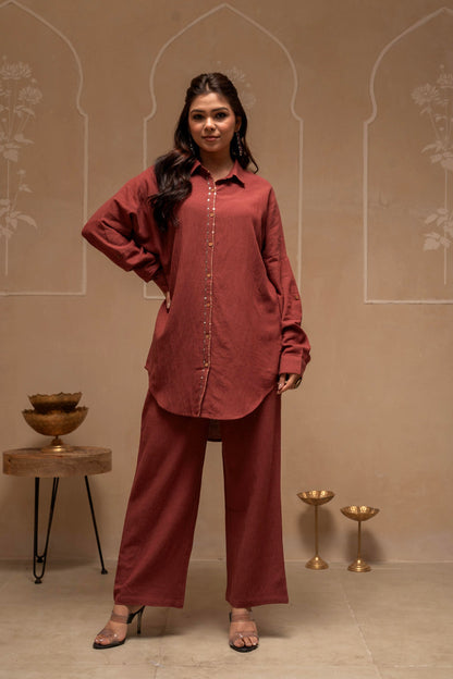 Juniper Brown Embellished Viscose-Linen Co-Ord Set With Sequin Detailing