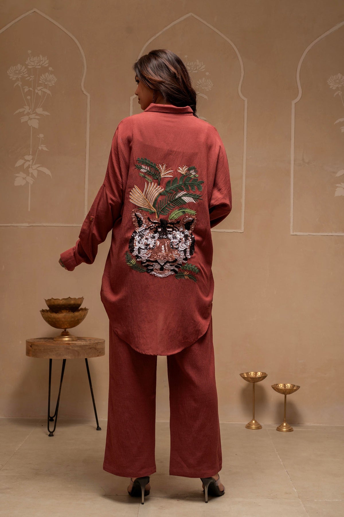 Juniper Brown Embellished Viscose-Linen Co-Ord Set With Sequin Detailing