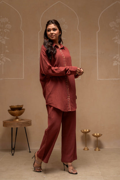 Juniper Brown Embellished Viscose-Linen Co-Ord Set With Sequin Detailing