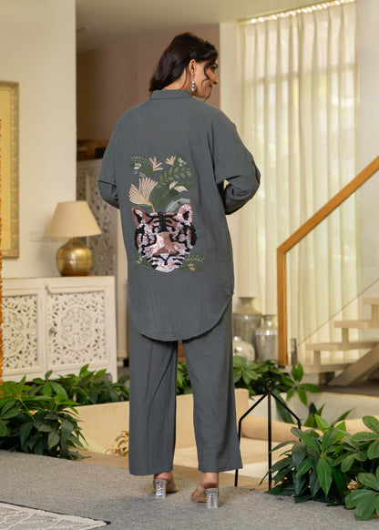 Juniper Grey Embellished Viscose-Linen Co-Ord Set With Sequin Detailing