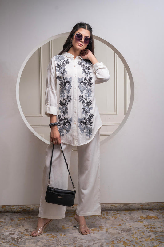 Juniper Viscose Linen Off White Embroidered Shirt And Pant Co-Ord Set With Thread Work