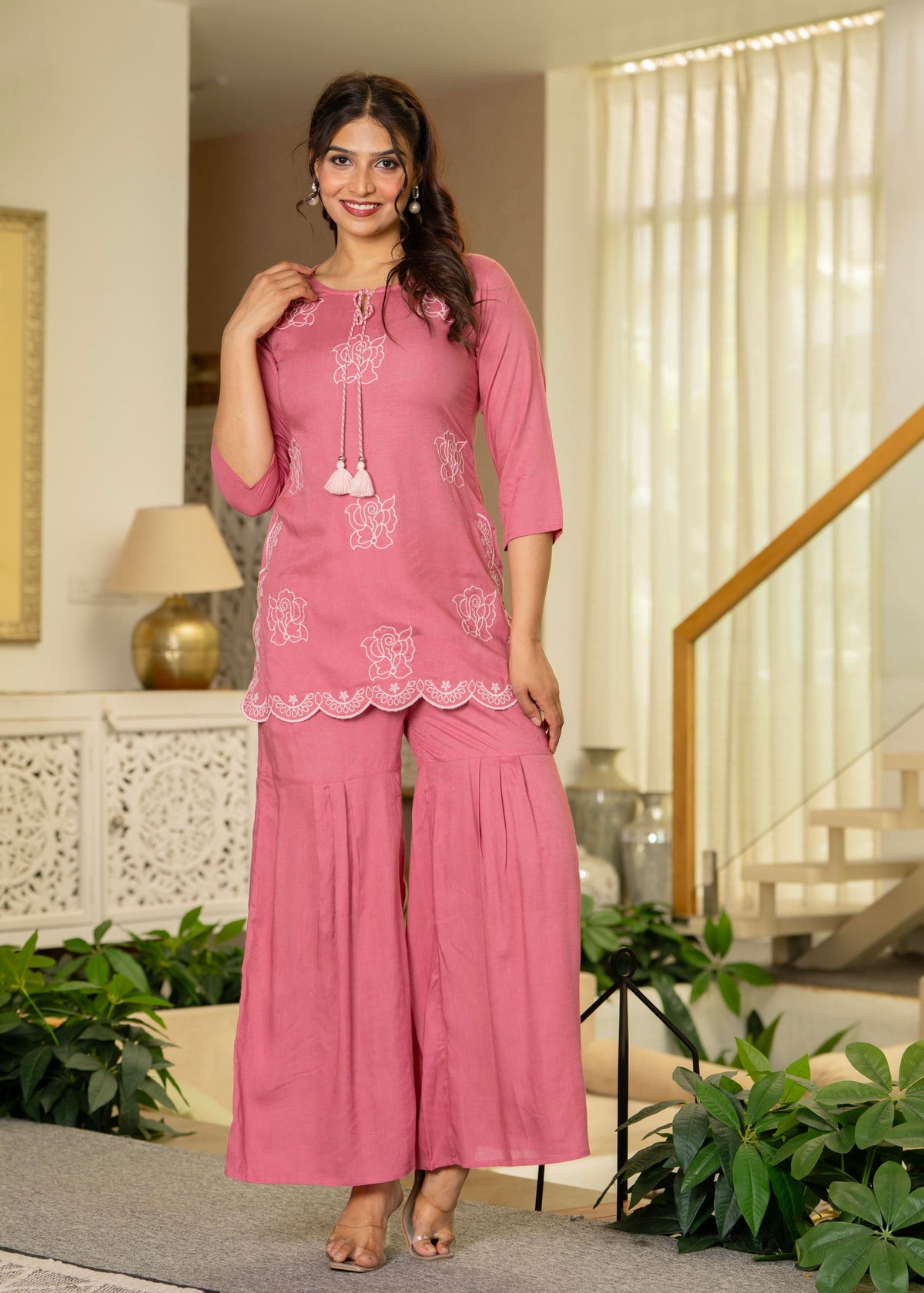 Juniper Dusty Pink Solid Viscose Tunic And Pants Co-Ord Set With Thread Work And Sequence
