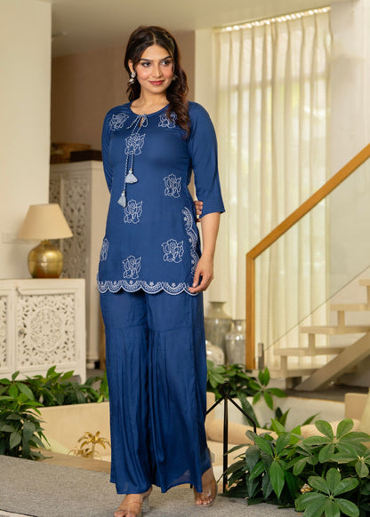 Juniper Navy Solid Viscose Tunic And Pants Co-Ord Set With Thread Work And Sequence