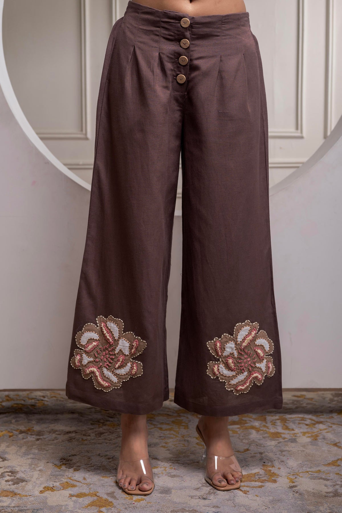Juniper White & Brown Cotton-Viscose Embroidered Co-Ord Set With Thread Work & Lace
