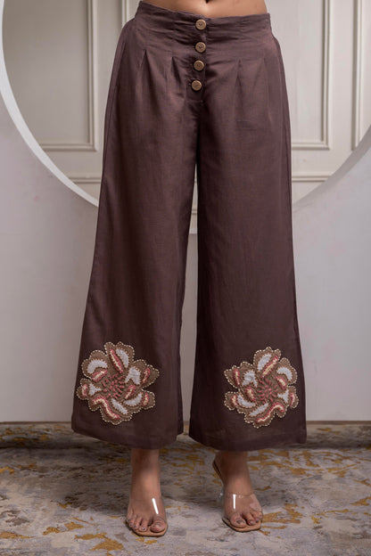 Juniper White & Brown Cotton-Viscose Embroidered Co-Ord Set With Thread Work & Lace