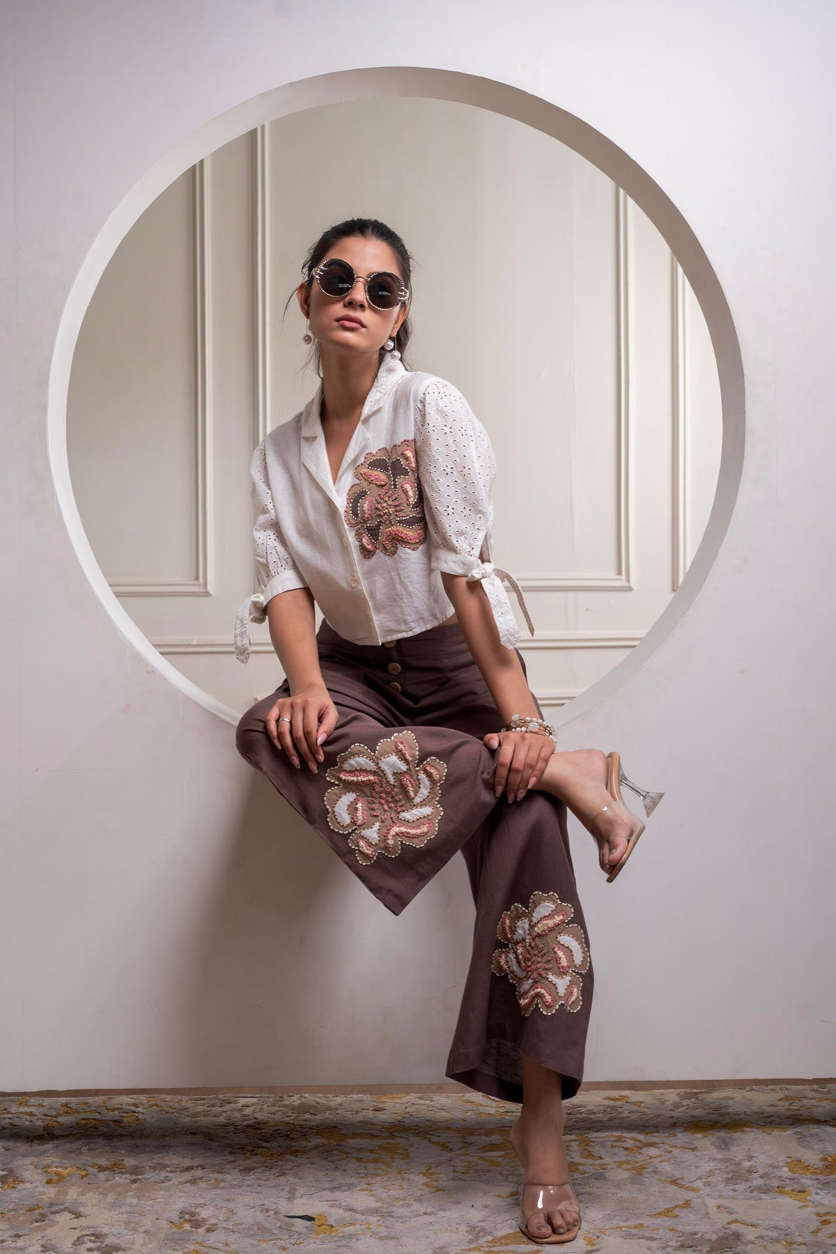 Juniper White & Brown Cotton-Viscose Embroidered Co-Ord Set With Thread Work & Lace