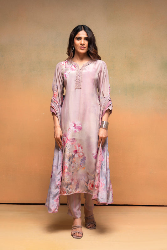 Juniper Pink Floral Embellished A-Line Kurta Pant And Dupatta Set With Beads & Sequence Work