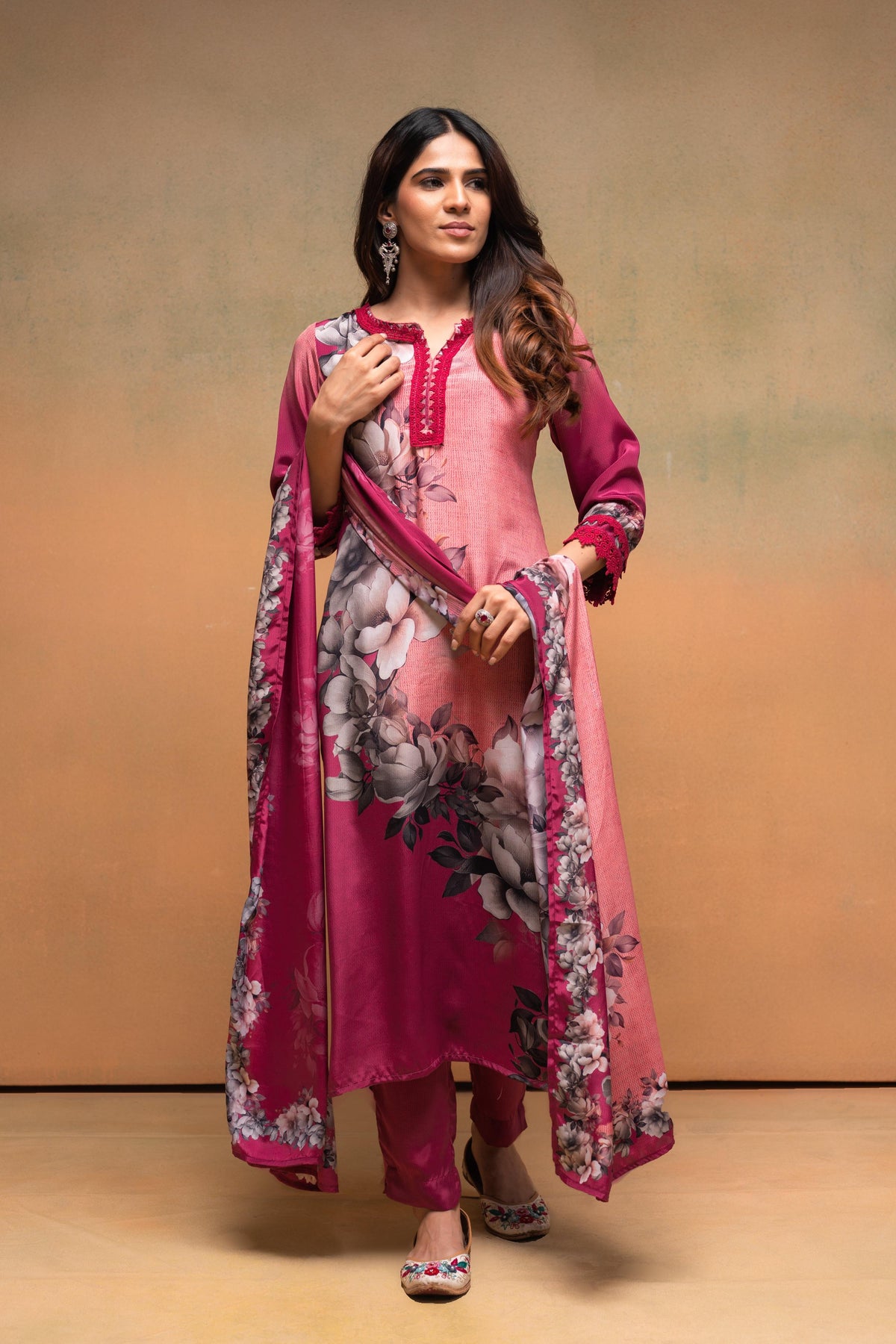Juniper Magenta Man Made Fiber Floral Printed Kurta With Pants & Dupatta Set With Lace Work