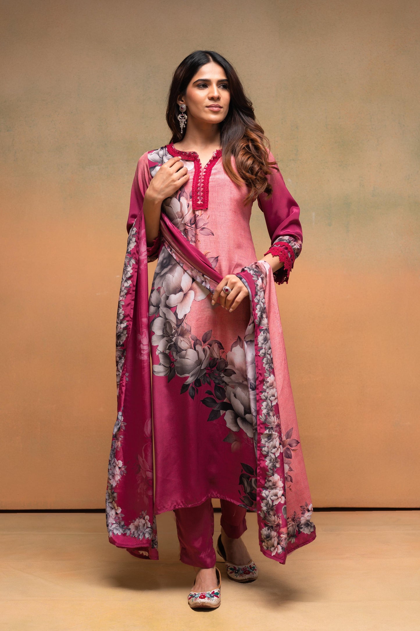 Juniper Magenta Man Made Fiber Floral Printed Kurta With Pants & Dupatta Set With Lace Work