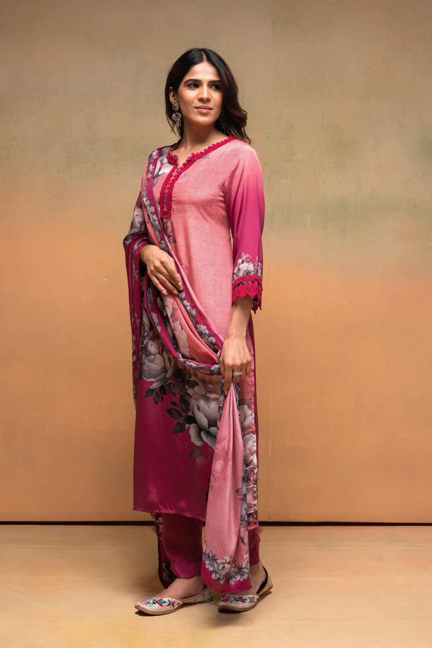 Juniper Magenta Man Made Fiber Floral Printed Kurta With Pants & Dupatta Set With Lace Work