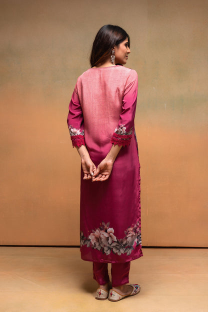Juniper Magenta Man Made Fiber Floral Printed Kurta With Pants & Dupatta Set With Lace Work