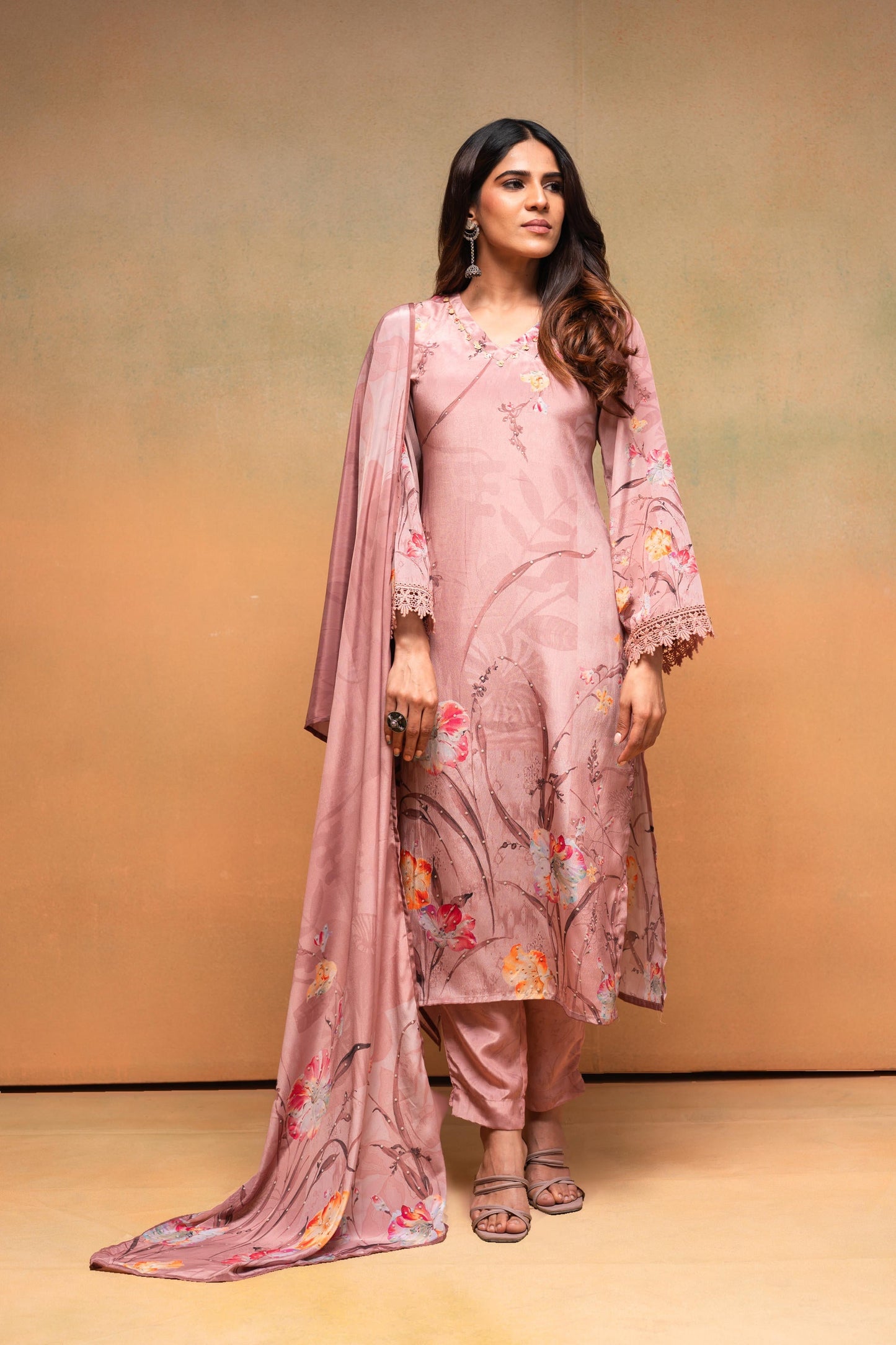 Juniper Peach Floral Embellished Straight Kurta Pant And Dupatta Set With Beads & Sequence Work