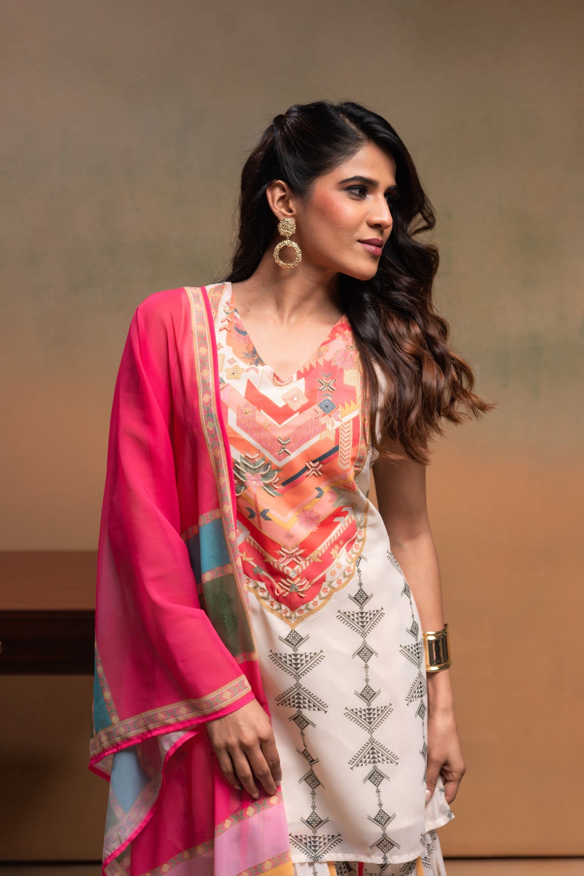 Juniper Ivory Man Made Fiber Floral Embellished Kurta With Sharara & Dupatta Set With Beads Work
