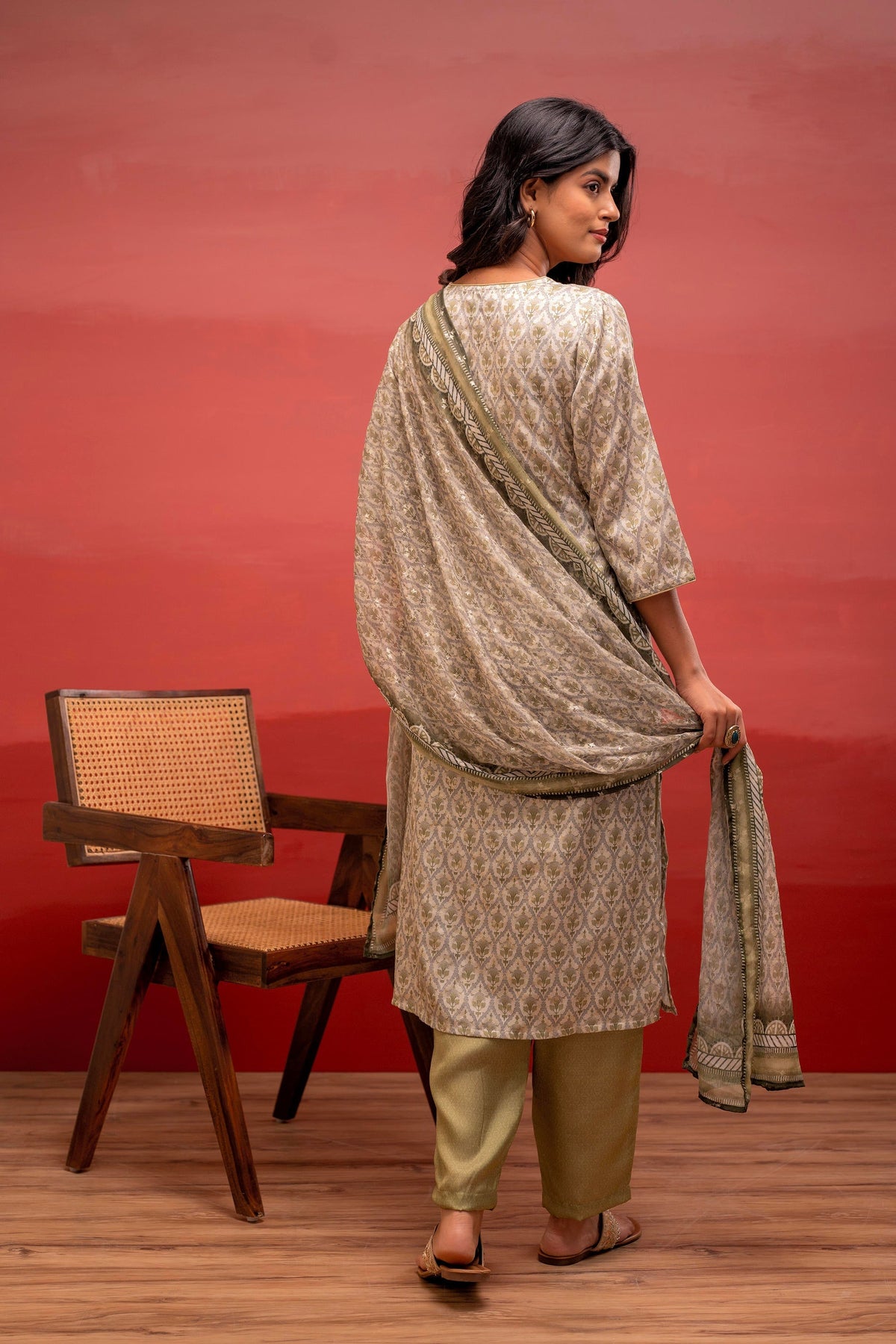 Juniper Green Floral Printed Kurta With Pant And Dupatta, Beads Work