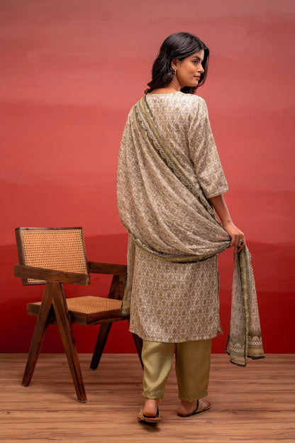 Juniper Green Floral Printed Kurta With Pant And Dupatta, Beads Work