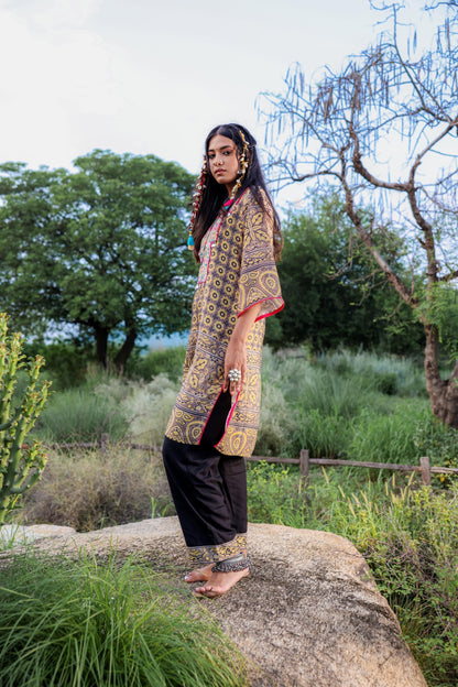 Juniper Polycotton Mustard Embroidered Kurta Pant Set With Mirror, Thread Work & Tassels