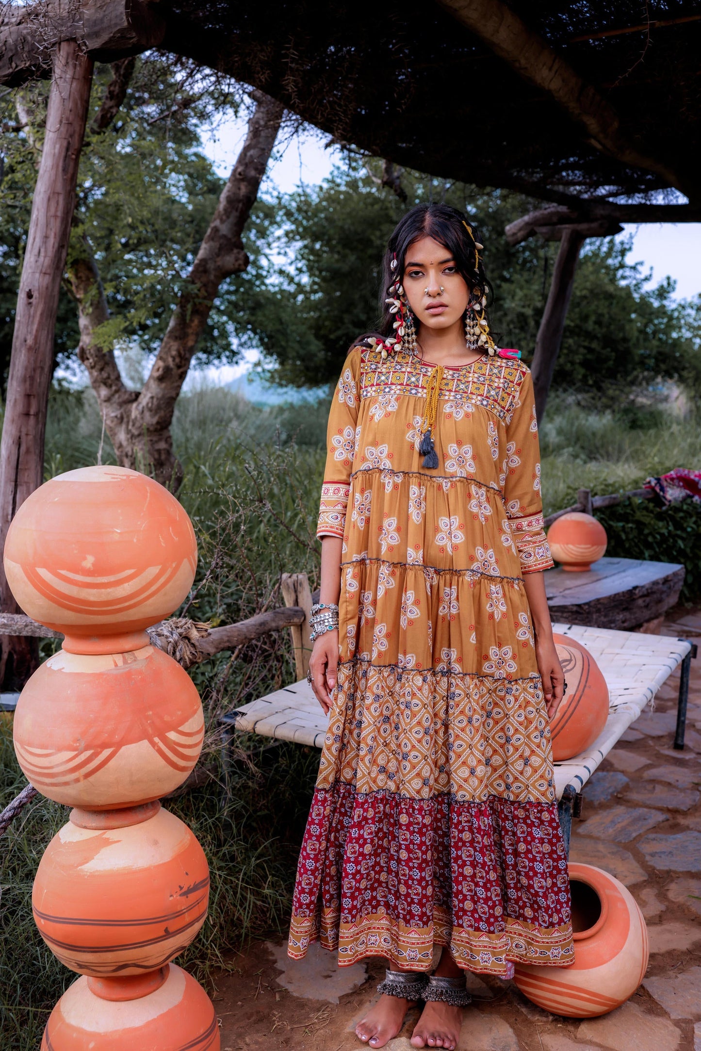 Juniper Mustard Embroidered Anarkali Long Dress With Tassels & Mirror Work