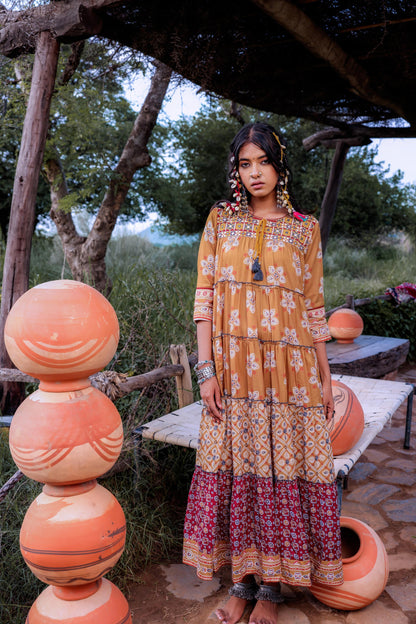 Juniper Mustard Embroidered Anarkali Long Dress With Tassels & Mirror Work