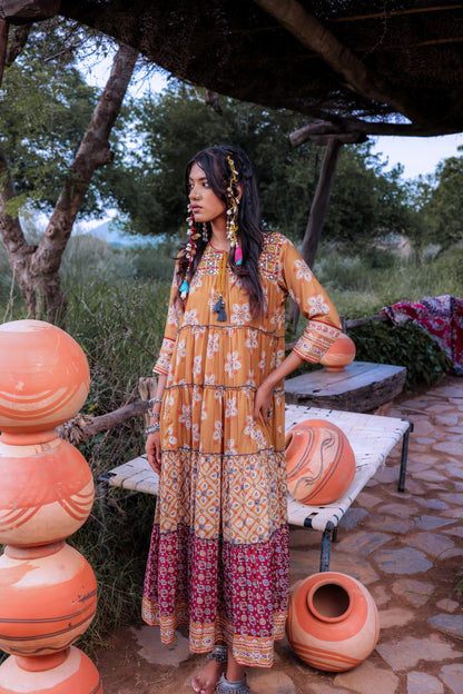 Juniper Mustard Embroidered Anarkali Long Dress With Tassels & Mirror Work